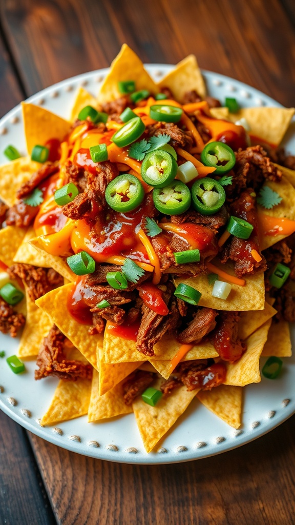 A colorful plate of BBQ nachos with pulled pork, cheese, jalapeños, and green onions.